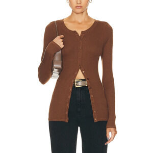 Enza Costa Silk Rib Brown Viscose Fitted Long Sleeve Cardigan Size M